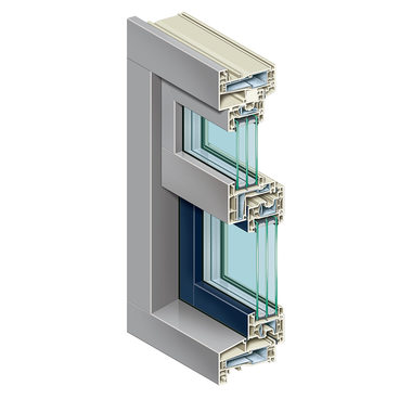 Kömmerling K-VISION city window proCoverTec in signal grey and pigeon blue