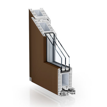 Kömmerling 76 residential door outward opening AcrylColor sepia brown, similar to RAL 8014
