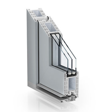 Kömmerling 76 residential door inward opening AcrylColor window grey, similar to RAL 7040